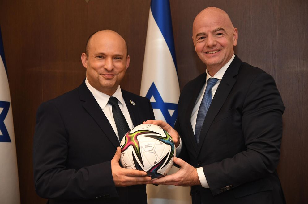 Israeli Prime Minister Naftali Bennett meets with FIFA President Gianni Infantino, in Jerusalem, on October 12, 2021.