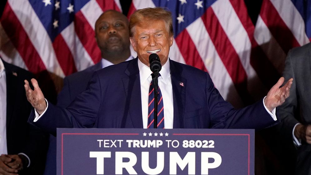 Republican presidential candidate former President Donald Trump speaks at a primary election night party in Nashua, New Hampshire, United States.