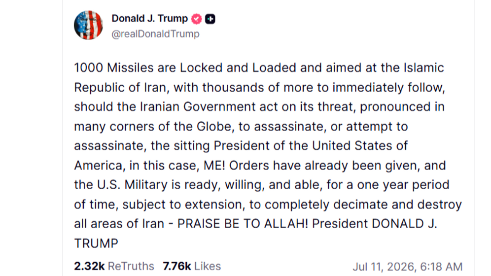Screenshot Donald J. Trump's post on Truth Social