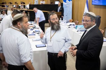 Attorney Itamar Ben Gvir (R), Baruch Marzel, and Bentzu Gopstein (R) of Otzma Yehudit Party at the Election Committee on August 14, 2019 at a discussion of several parties' requests to disqualify them from running in the upcoming Knesset elections.