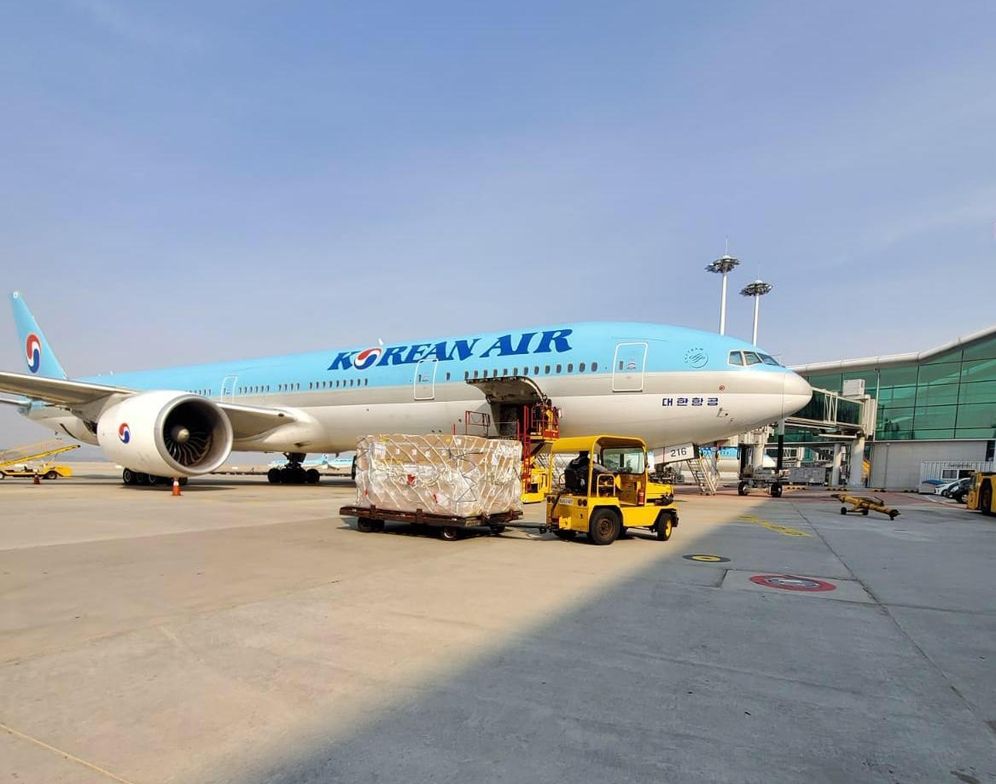 Avion transportant des tests de dépistage du coronavirus et des équipements médicaux en provenance de Corée du Sud