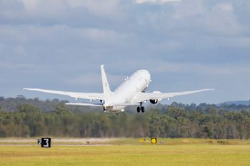A Royal Australian Air Force P-8 Poseidon aircraft departs an airbase in Amberly, Australia, January 17, 2022, to assist the Tonga government after the eruption of an undersea volcano.