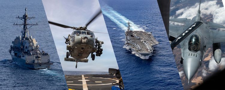 US military ships and aircrafts presented as part of the supportive forces for operation "Project Freedom," Trump-led initiative to safely lead uninvolved ships out of the Strait of Hormuz