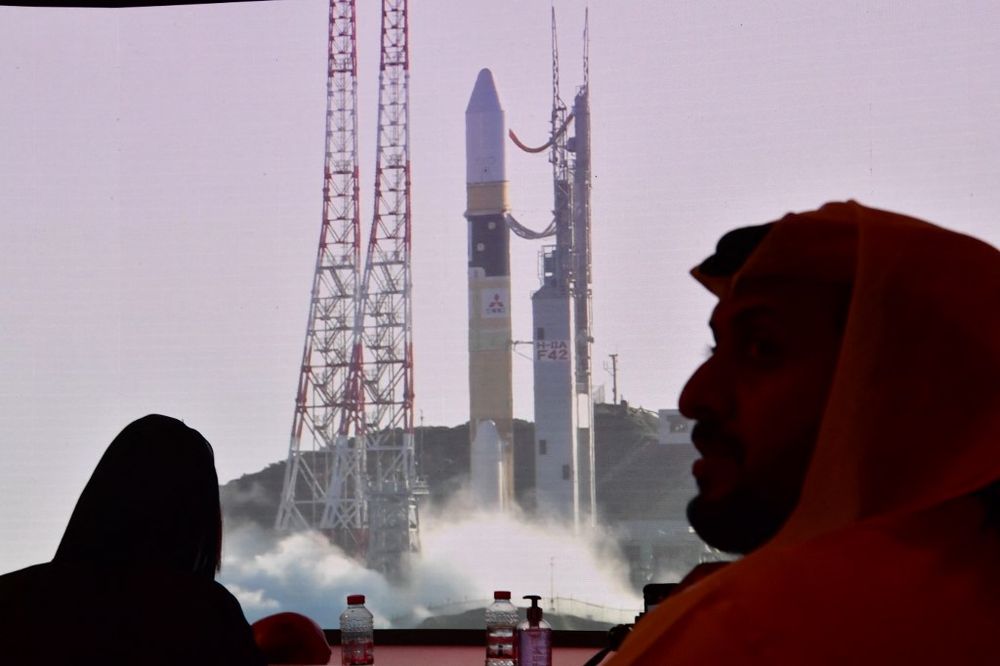 A picture shows a screen broadcasting the launch of the "Hope" Mars probe at the Mohammed Bin Rashid Space Centre in Dubai, the UAE, on July 19, 2020.