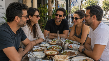 קבוצת חברים חולקים ארוחה במסעדה