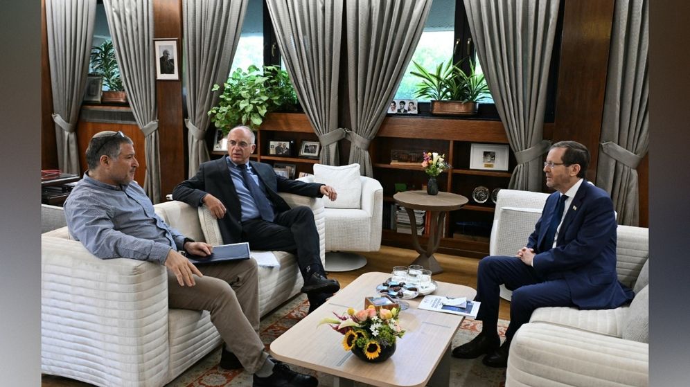 Haim Tzach / GPO President of the State Yitzhak Herzog, Chairman of the Central Elections Committee Judge Noam Solberg and Head of the Shin Bet David Zini