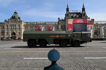 A Russian Iskander-M missile launcher parades through Red Square during the general rehearsal of the Victory Day military parade in Moscow, Russia, on May 7, 2022.