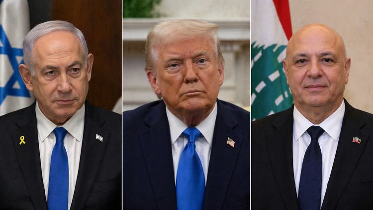 De gauche à droite : le Premier ministre israélien Benjamin Netanyahou, le président américain Donald Trump et le président libanais Joseph Aoun