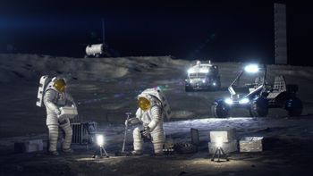Artistic representation of Astronauts setting up their based on the surface of the moon