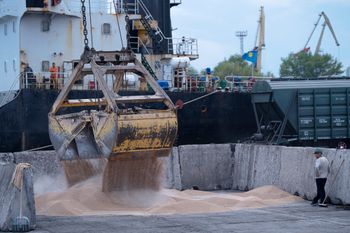 Workers load grain at a grain port in Izmail, Ukraine.