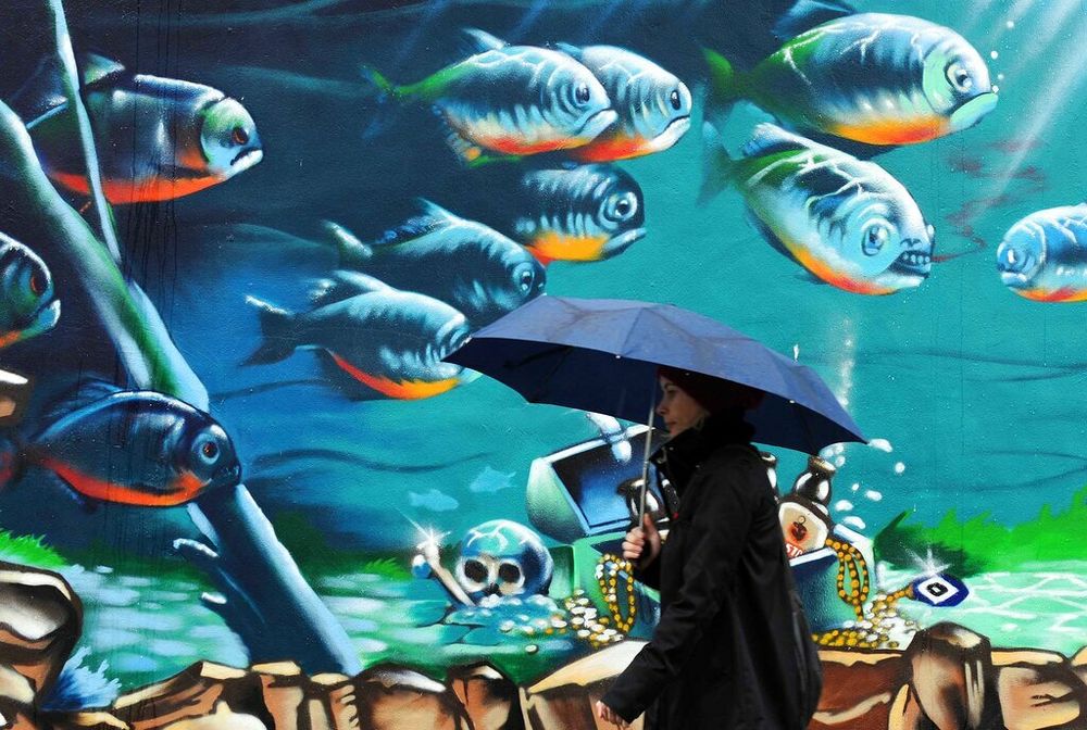 امرأة تحمل مظلة تمشي أمام رسم على الجدران يظهر سربًا من الأسماك على جدار إحدى الحانات- صورة توضيحية