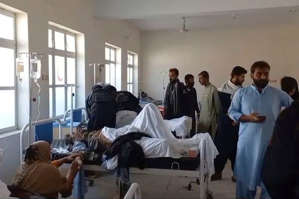 In this photo provided by District Police Office, injured victims of bomb explosion are treated at a hospital, in Mastung near Quetta, Pakistan, Friday, Sept. 29, 2023.