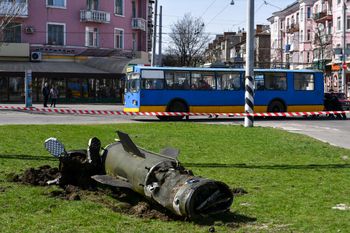 A fragment of a Tochka-U missile lies on the ground following an attack at the railway station in Kramatorsk, Ukraine.