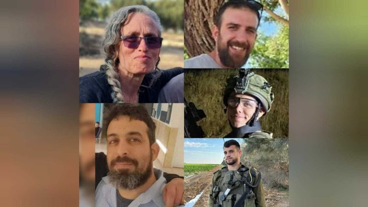 (From the top right) Sergeant Kiril Brodski, Maya Goren, Master Sergeant (res.) Oren Goldin, Warrant Officer (res.) Ravid Katz and Sergeant Tomer Achims, whose bodies were rescued from the Gaza Strip