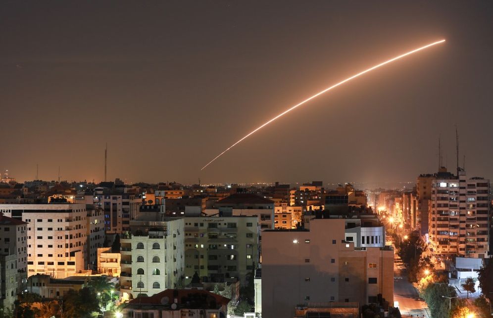 Israeli missile launched from the Iron Dome defence missile system, designed to intercept and destroy incoming short-range rockets and artillery shells, is seen above Gaza city on November 12, 2019.