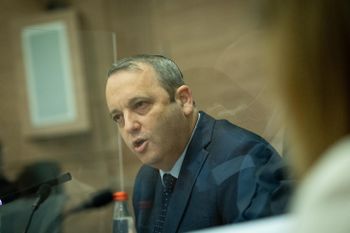 Gilad Kariv, head of the Constitution Committee leads a meeting at Israel's parliament in Jerusalem, on December 13, 2021.