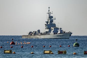 Photo by Chaim Goldberg/Flash90 An Israeli Sa'ar 6-class corvette war ship with an Iron Dome Missile Battery patrol off the shore of the southern Israeli city of Eilat, on February 11, 2025.