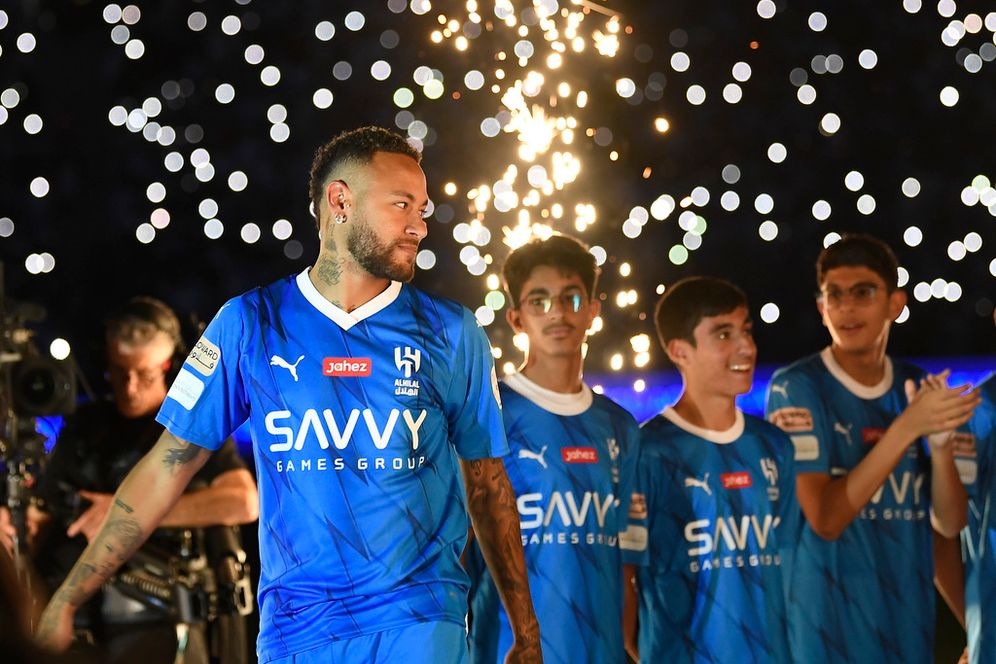 Brazilian national team's historical top scorer and the star of Paris Saint-Germain, Neymar Jr. is greeted as he attends the official unveiling as a new member of Saudi Al Hilal club at King Fahd Stadium in Riyadh, Saudi Arabia.