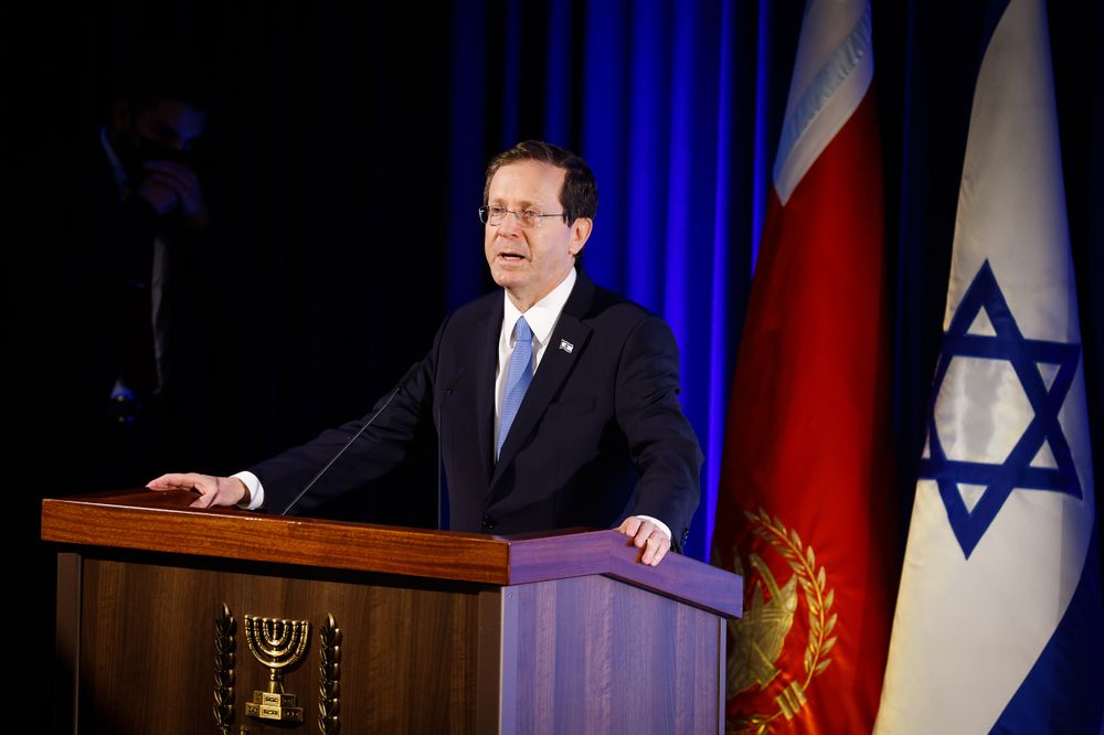 Israeli President Isaac Herzog during a ceremony for the Jewish holiday of Hanukkah, on the campus of Kiryat Moriah in Jerusalem, November 29, 2021