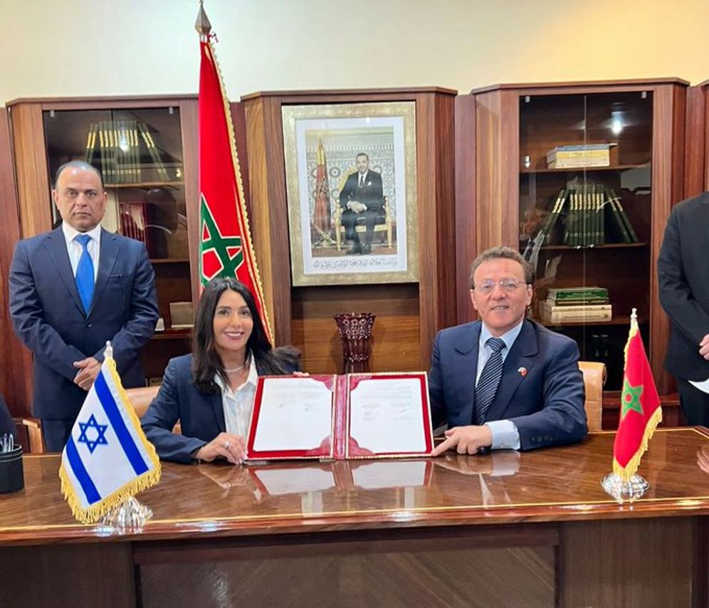 Israel's Transport and Road Safety Minister Miri Regev (C) and her Moroccan counterpart Mohamed Abdeljali (R) in Morocco.
