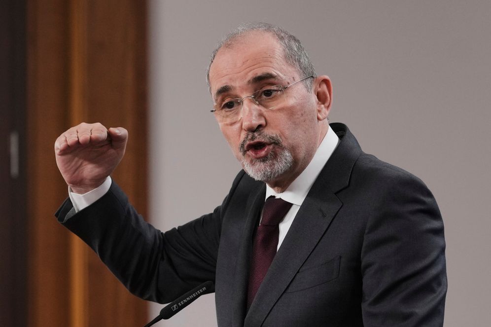 Jordanian Foreign Minister Ayman Safadi speaking at a press conference in Germany