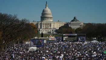 Demonstrators in support of Israel gather to denounce antisemitism and call for the release of Israeli hostages, on the National Mall in Washington, DC, on November 14, 2023.