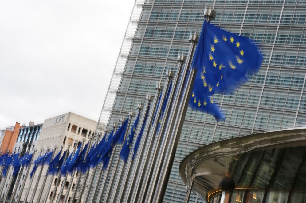 European Union flags flap in the wind outside EU headquarters in Brussels, Tuesday, May 12, 2026