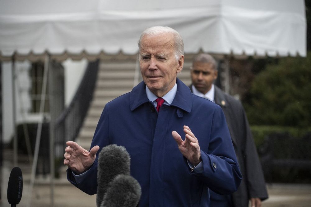 U.S. President Joe Biden briefly addresses journalists moments before departing from the South Lawn of the White House in Washington, DC.