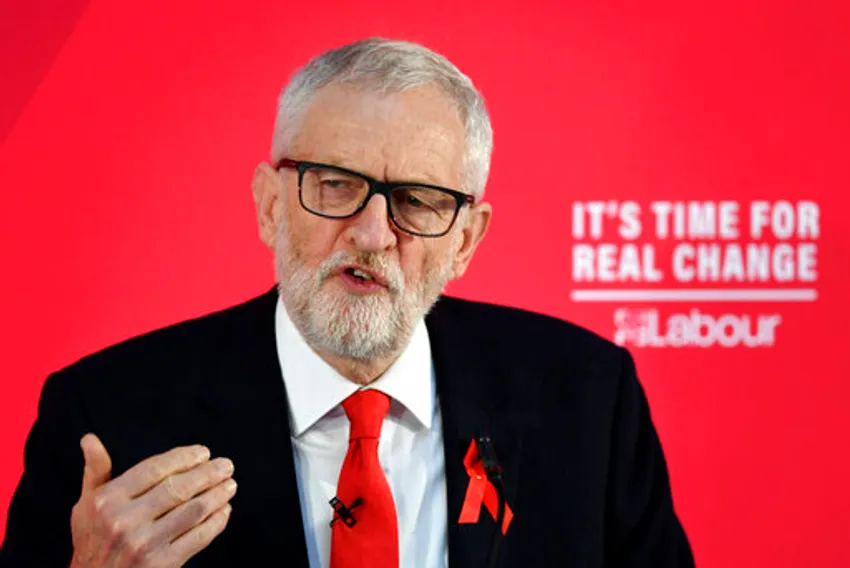 Britain's Labour Party leader Jeremy Corbyn makes a speech on international and foreign policy in York, England, Sunday Dec. 1, 2019.