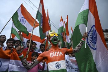 An activist shouts pro-India slogans during the celebrations to mark India's 75th Independence Day at Lal Chowk in Srinagar, India, on August 15, 2022.