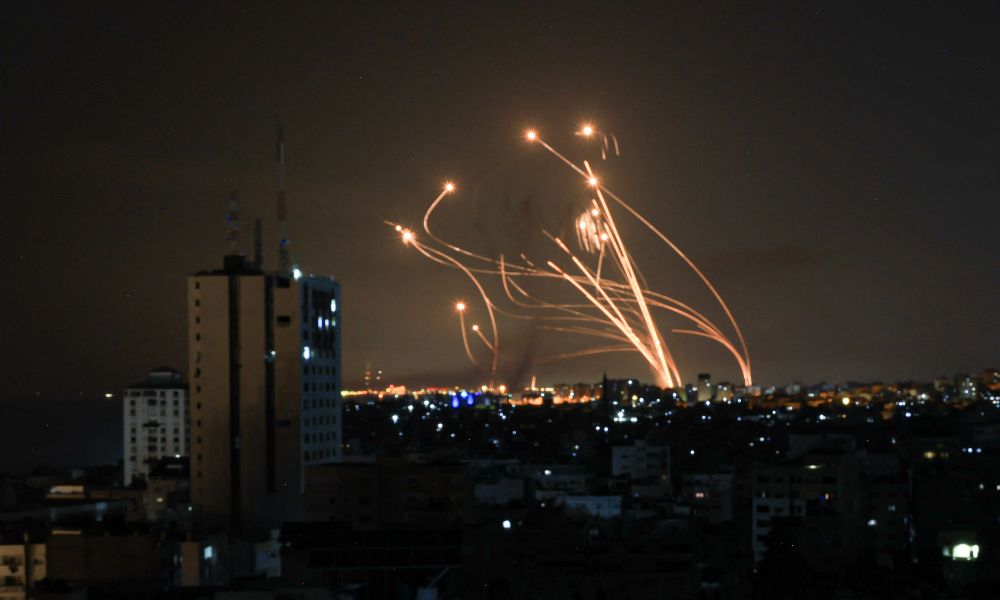 Iron Dome missile defense intercepts a barrage of rockets from the Gaza Strip