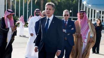 U.S. Secretary of State Antony Blinken walks as he arrives in Jeddah, Saudi Arabia