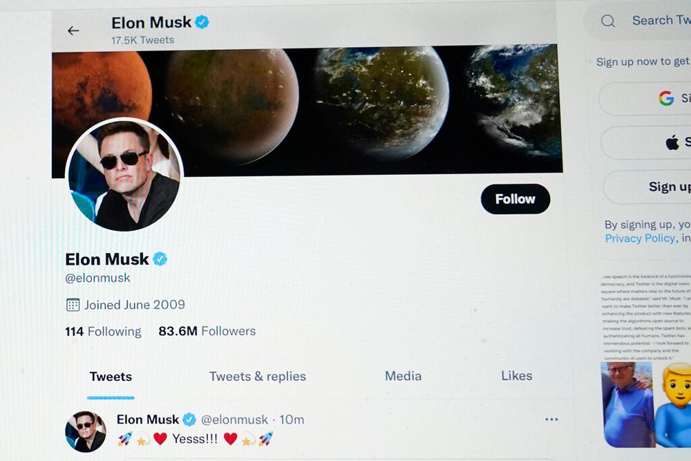 The Twitter page of Elon Musk is seen on the screen of a computer.