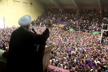 Former Iranian President Hassan Rouhani speaks during a campaign rally in the northwestern city of Ardabil.