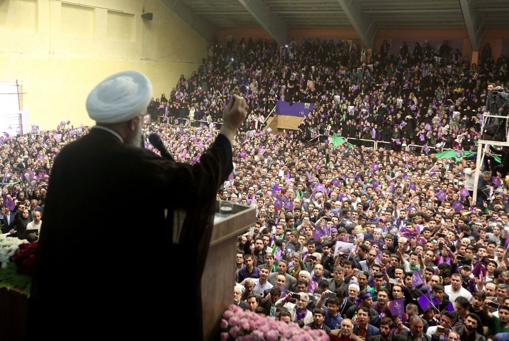Former Iranian President Hassan Rouhani speaks during a campaign rally in the northwestern city of Ardabil.
