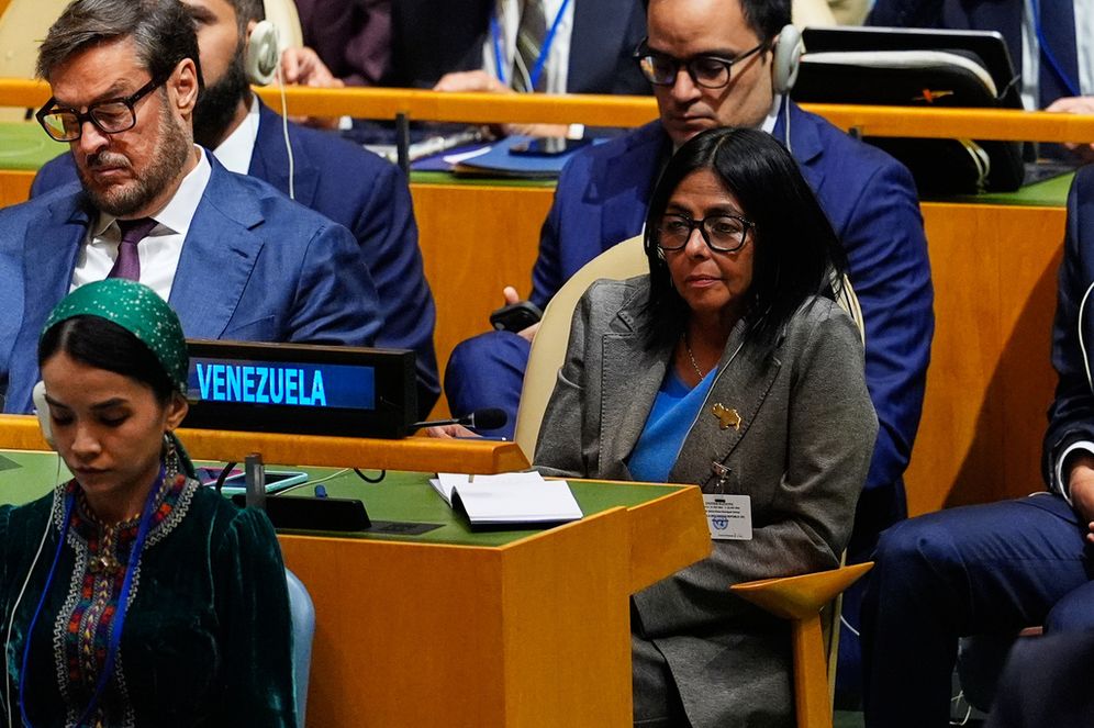 (AP Photo/Yuki Iwamura) Venezuela's acting president Delcy Rodriguez listens as United States President Donald Trump speaks during the 81st session of the United Nations General Assembly at United Nations headquarters, Tuesday, Sept. 22, 2026.