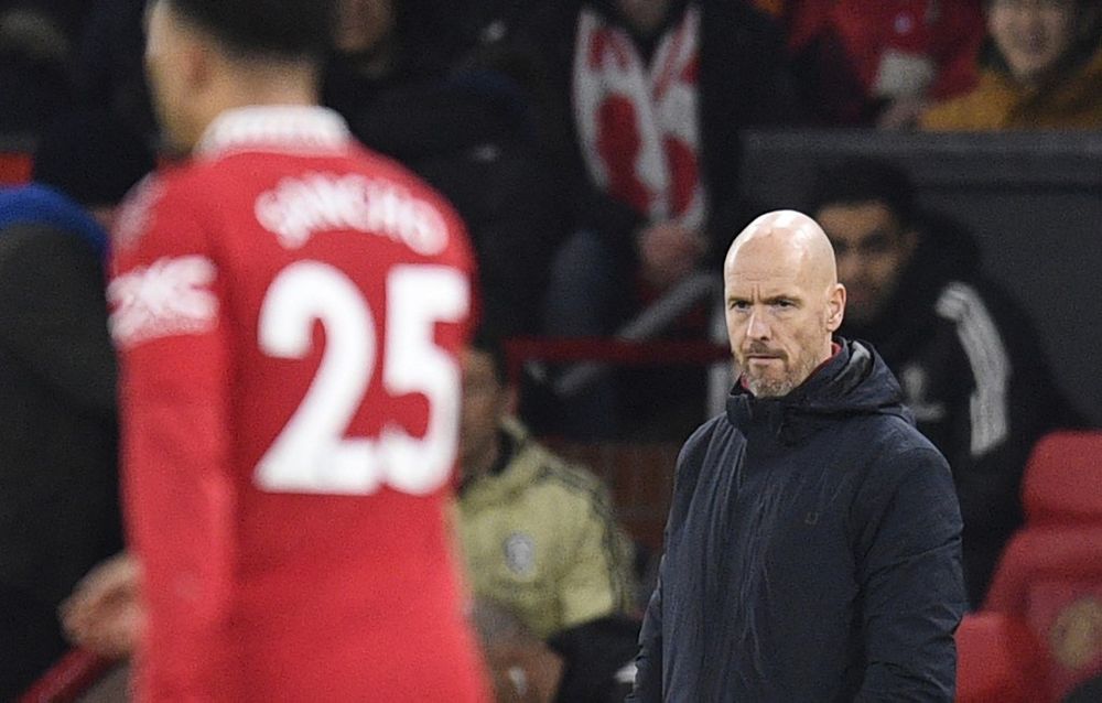 Manchester United's manager Erik ten Hag (R) during a soccer match in Manchester, England.