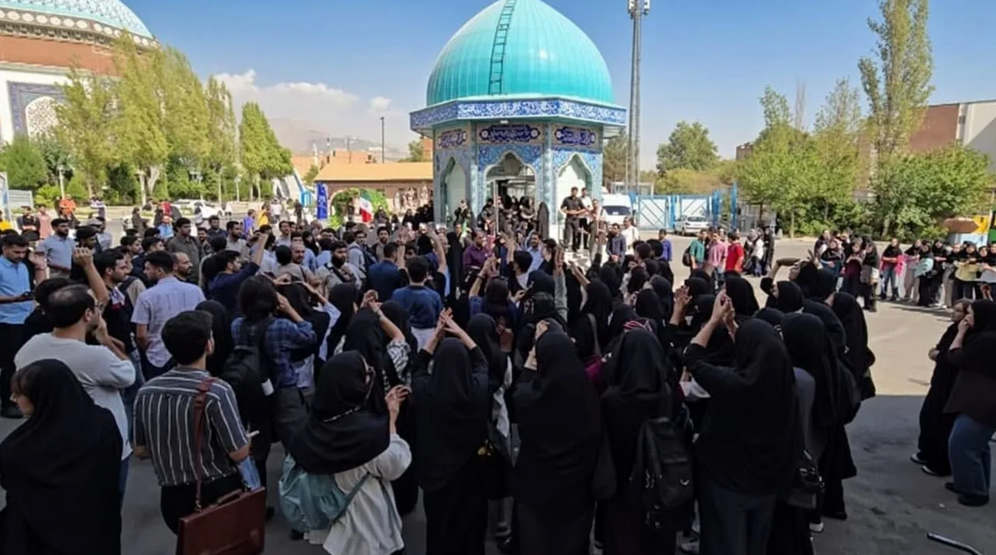 (photo credit: SCREENSHOT/VIA SECTION 27A OF THE COPYRIGHT ACT) Students at Tehran’s Allameh Tabataba'i University protest against the compulsory hijab, September 28, 2026.