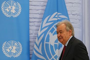 United Nations Secretary-General Antonio Guterres arrives for a new conference and after his join meeting with Turkish Cypriot Leader Tufan Erhurman, and Cyprus President Nikos Christodoulides at a U.N. compound in Cyprus, Wednesday, July 29, 202 