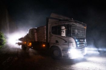 Humanitarian aid trucks entering Gaza via the "Northern Crossing" from Israel.