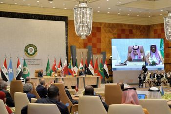 Saudi Arabia's Foreign Minister Faisal bin Farhan speaking on a screen during the Arab Foreign Ministers Preparatory Meeting.