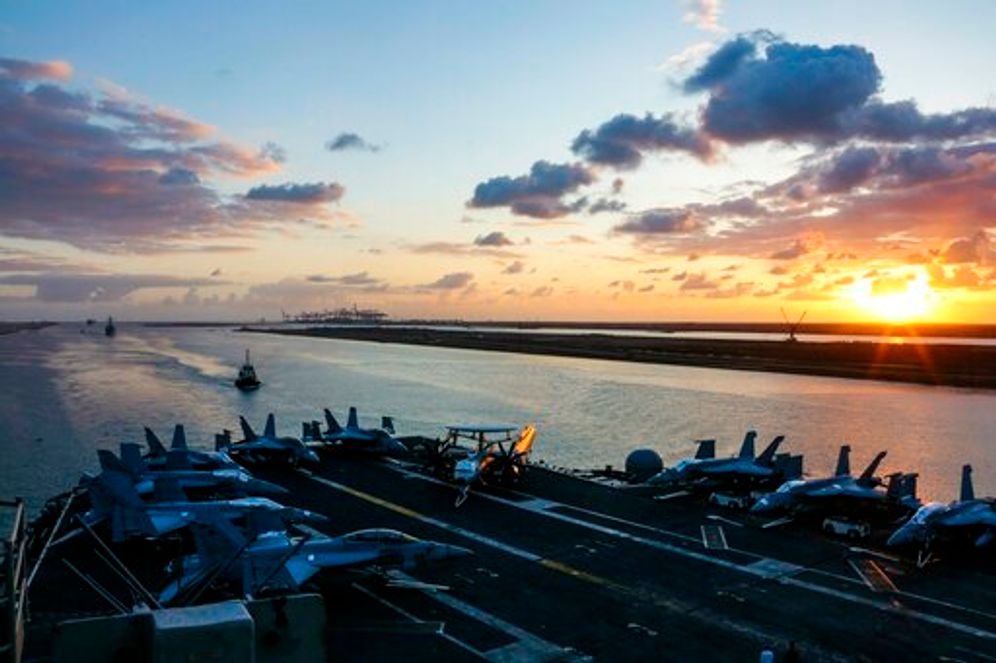 The Nimitz-class aircraft carrier USS Abraham Lincoln transits the Suez Canal in Egypt, May 9, 2019.