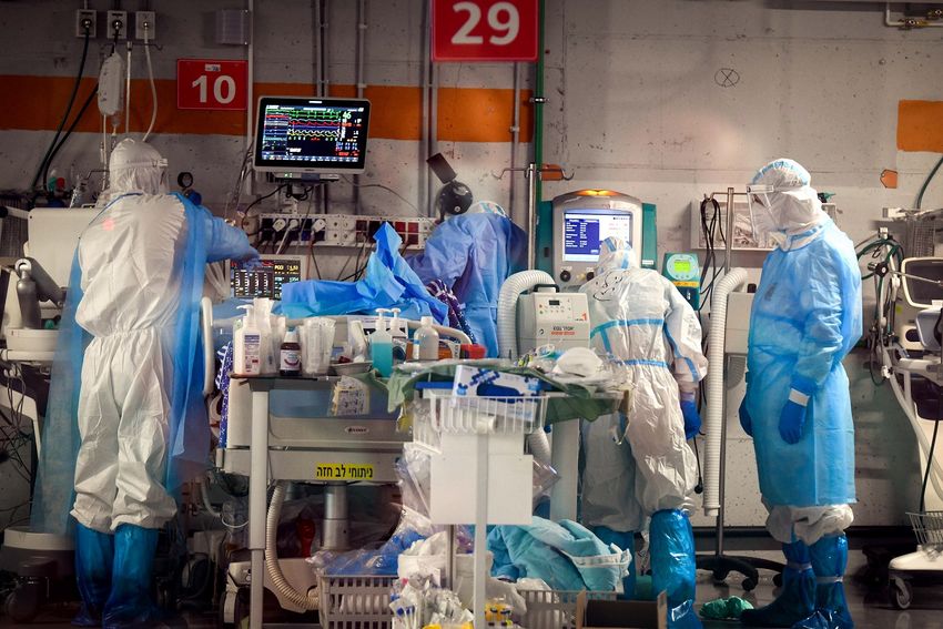 A Sheba Medical Center team at the coronavirus isolation ward of Sheba Medical Center unit, in Ramat Gan, Israel, on June 30, 2020