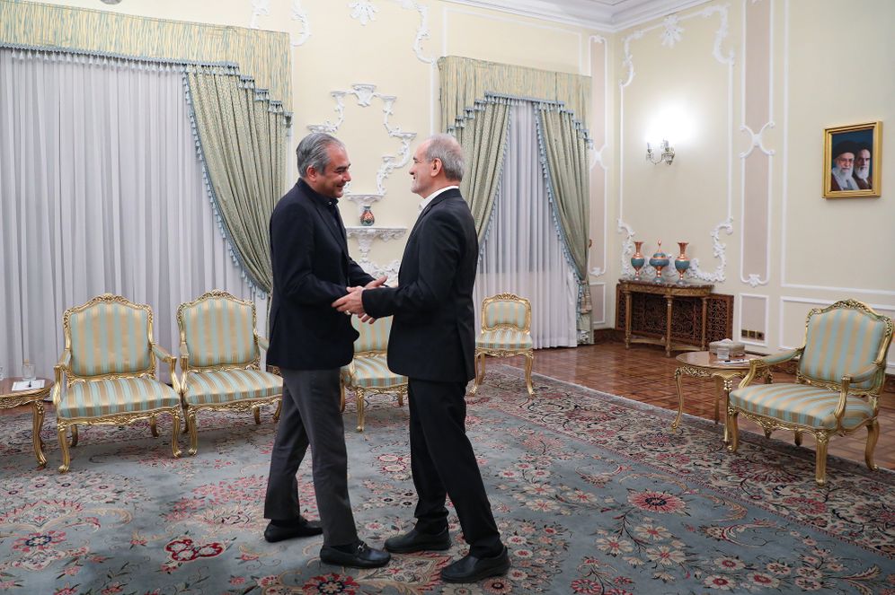 Iranian Presidency Office via AP In this photo released by the Iranian Presidency Office, Iranian President Masoud Pezeshkian, right, greets Pakistan's Interior Minister Mohsin Naqvi at the start of their meeting in Tehran, Iran, Tuesday, Aug. 11, 2026.