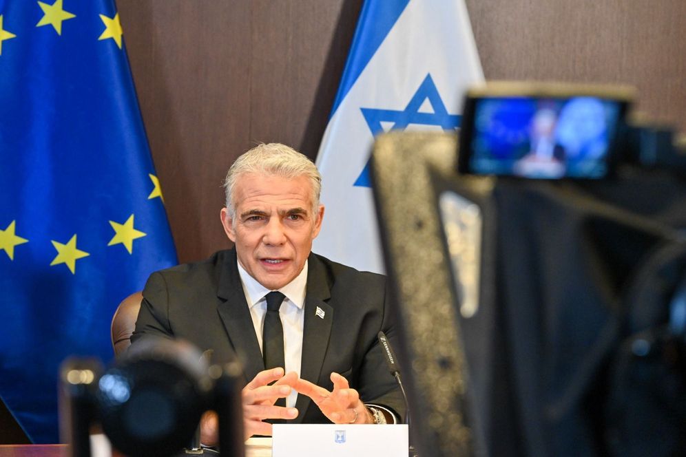Israel's Prime Minister Yair Lapid in a video call with representatives of the European Union, October 3, 2022.
