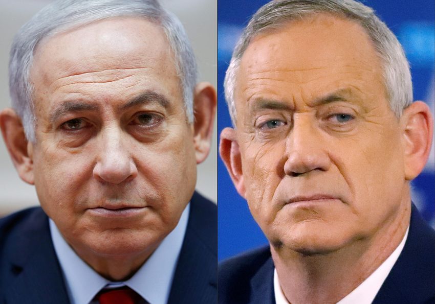 Cette photo d'archive créée le 02 avril 2019 montre le Premier ministre israélien Benyamin Netanyahou (à gauche) et son principal rival aux élections législatives du 17 septembre Benny Gantz