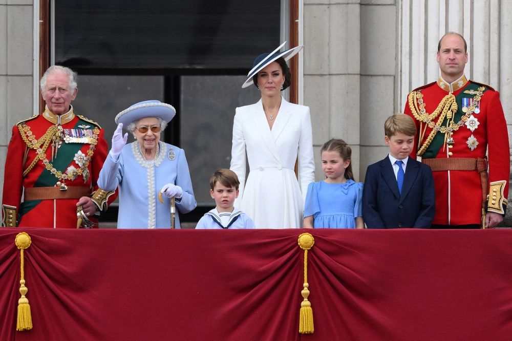 Queen Elizabeth II (second from L) surrounded by her relatives at Buckingham Palace in London, England, on July 2, 2022.