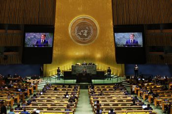 French President Emmanuel Macron addresses world leaders during the United Nations General Assembly (UNGA) at the United Nations headquarters on September 25, 2024 in New York City