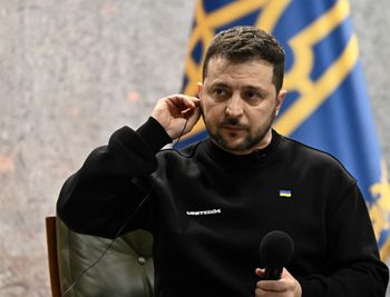 Ukrainian President Volodymyr Zelensky gives a press conference in Kyiv, Ukraine.