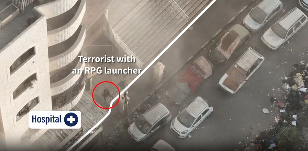 IDF footage of Hamas terrorists in Gaza, entering the Al-Quds hospital entrance with an RPG launcher.